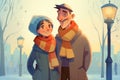 animated couple in a scarf, warming by a streetlight