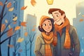 animated couple in a scarf, warming by a streetlight