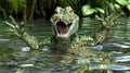 Animated crocodile emerging from water with open mouth.