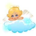 Animated cute little angel lying on a cloud isolated on white background. Vector cartoon close-up illustration. Royalty Free Stock Photo