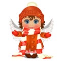 Animated cute little girl with blue eyes in winter clothes, warm knitted hat with pompom, striped scarf with angel wings
