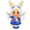 Animated cute little girl in winter clothes with angel wings and candies isolated on a white background. Vector cartoon