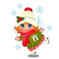 Animated cute little girl in winter clothes, knitted hat with pompon decorated with holly with angel wings skates