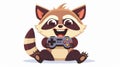 Animated cute raccoon playing video games. A happy gamer, an excited animal character using the console, controller to Royalty Free Stock Photo