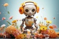 Animated Cute robot girl with flowers. Generate AI