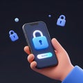 Animated cybersecurity biometric authentication concept with smartphone secure login screen and padlock icons, 3D illustration of Royalty Free Stock Photo