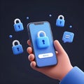 Animated cybersecurity biometric authentication concept with smartphone secure login screen and padlock icons, 3D illustration of Royalty Free Stock Photo