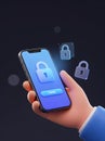 Animated cybersecurity biometric authentication concept with smartphone secure login screen and padlock icons, 3D illustration of Royalty Free Stock Photo
