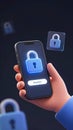 Animated cybersecurity biometric authentication concept with smartphone secure login screen and padlock icons, 3D illustration of Royalty Free Stock Photo