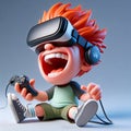 Animated 3D caricature, exaggerated features, bursts into laughter with VR headset, reminiscent of 3D Movies animation