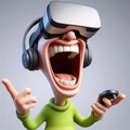 Animated 3D caricature, exaggerated traits, bursts into laughter wearing VR headset, reminiscent of 3D Movies animation