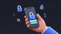 Animated cybersecurity biometric authentication concept with smartphone secure login screen and padlock icons, 3D illustration of Royalty Free Stock Photo