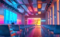 An animated 3D model of a neon conference hall hosting international business meetings with holographic presentations