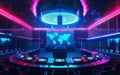 An animated 3D model of a neon conference hall hosting international business meetings with holographic presentations