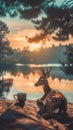Animated deer sipping coffee by a serene lake at dawn, a watercolor masterpiece capturing the tranquility of nature