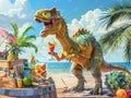 Animated dinosaur serving exotic summer cocktails, beach bar scene, festive atmosphere, vivid detail Royalty Free Stock Photo