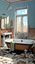Animated of dirty bathroom with bathtub and building view
