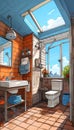 Animated of dirty bathroom with sky view