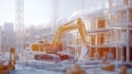 An animated display of modular construction presenting buildings being erected in realtime using advanced robotics