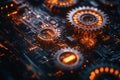 business-technology fusion, an animated display showing connected gears and circuits on a vibrant digital backdrop
