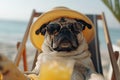 Animated dog in sunglasses and sunhat on beach chair with drink, embodying summer vacation vibes