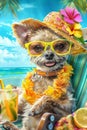 Animated dog in sunglasses and sunhat on beach chair with drink, embodying summer vacation vibes