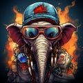 Cyberpunk Elephant: A Vibrant Caricature In Helmet And Shades