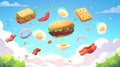 Animated fastfood constructor with buns, bread toasts, cheese, vegetable slices, patty and sauces. Tomato, bacon, salad Royalty Free Stock Photo