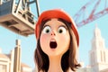 Animated female construction worker expresses surprise at construction site Royalty Free Stock Photo