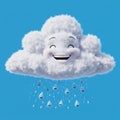 Animated fluffy white cloud with a joyful face against a clear blue sky. Beneath, Royalty Free Stock Photo