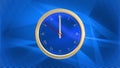 Animated gold clock on a abstract blue digital 3d background. Last 20 seconds to 12 o`clock.