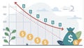 An animated graph displaying a downward trend indicating reduced debt over time with dollar signs decreasing..