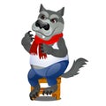 Animated gray wolf sitting on a wooden stool isolated on white background. Vector cartoon close-up illustration. Royalty Free Stock Photo