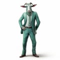 Green Goat Suit: A Hiperrealistic Cartoon Of A Friendly Anthropomorphic Goat