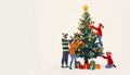 Animated group of friends decorating a Christmas tree, pure white background Royalty Free Stock Photo