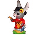 Animated hare with hat and Russian balalaika in clothes isolated on white background. The character of Russian folk