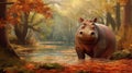 Charming Hippo In Water With Fall Leaves - Uhd Concept Art
