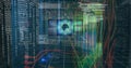 Animated of hud interface with graphics, analysis text and circle above computer in server room Royalty Free Stock Photo