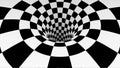 Animated hypnotic tunnel with white and black squares. Striped optical illusion three dimensional geometrical wormhole