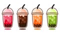 Animated Iced Bubble Tea in Strawberry, Green Tea, Chocolate, Thai Tea Flavor Set Collection with Ice Cube in Cute Cartoon Vector Royalty Free Stock Photo