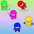 Animated illustration of four ninjas in red yellow green and pink very cute