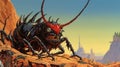 Intense Colorful Illustration Of Giant Bug In Desert - Frank Thorne Style