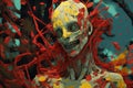 an animated image of a skeleton with red and yellow flowers