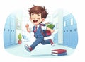 An animated image of a young boy with a backpack joyously running through a bright school corridor with lockers and notice boards Royalty Free Stock Photo