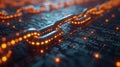 An animated infographic depicting the inner workings of a blockchain with a complex network of interconnected blocks and