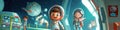 Animated kids as astronauts exploring a cartoon space station