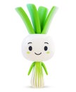 Animated leek character with green leaves and a content expression