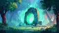 An animated magical portal is seen on a stone wall in a forest behind glowing plasma and haze swirls, creating a scene Royalty Free Stock Photo