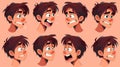 An animated man's face with different emotions. The young guy is neutral looking, laughing and angry, embarrassed Royalty Free Stock Photo