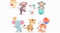 Animated modern illustration of circus animals, including elephant on ball, monkey juggler, tiger jumping through fire Royalty Free Stock Photo